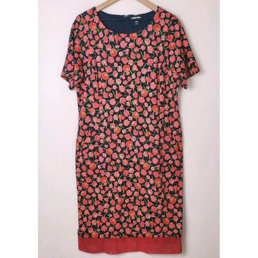 Lands' End‎ Ponte Knit Sheath Dress 16W Deep Sea Tulips Cottagecore Preppy